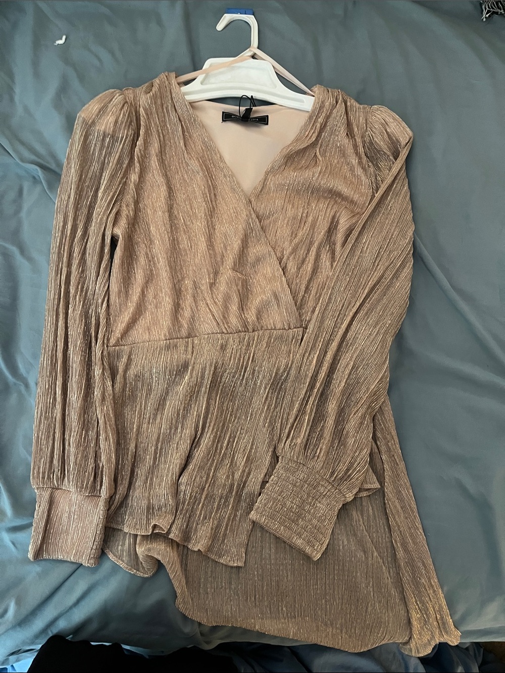 BCBGMaxAzria Metallic Taupe Wrap-Style Long Sleeve Blouse